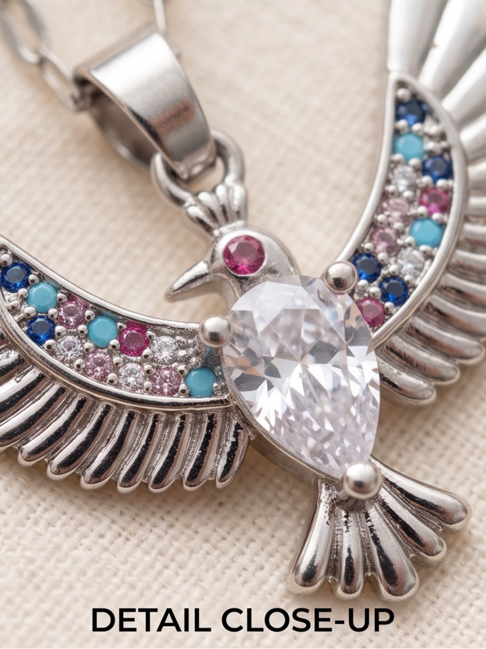 Sterling-Style Multi-Stone Bird Pendant Necklace - Pink, Turquoise & Blue Adjust